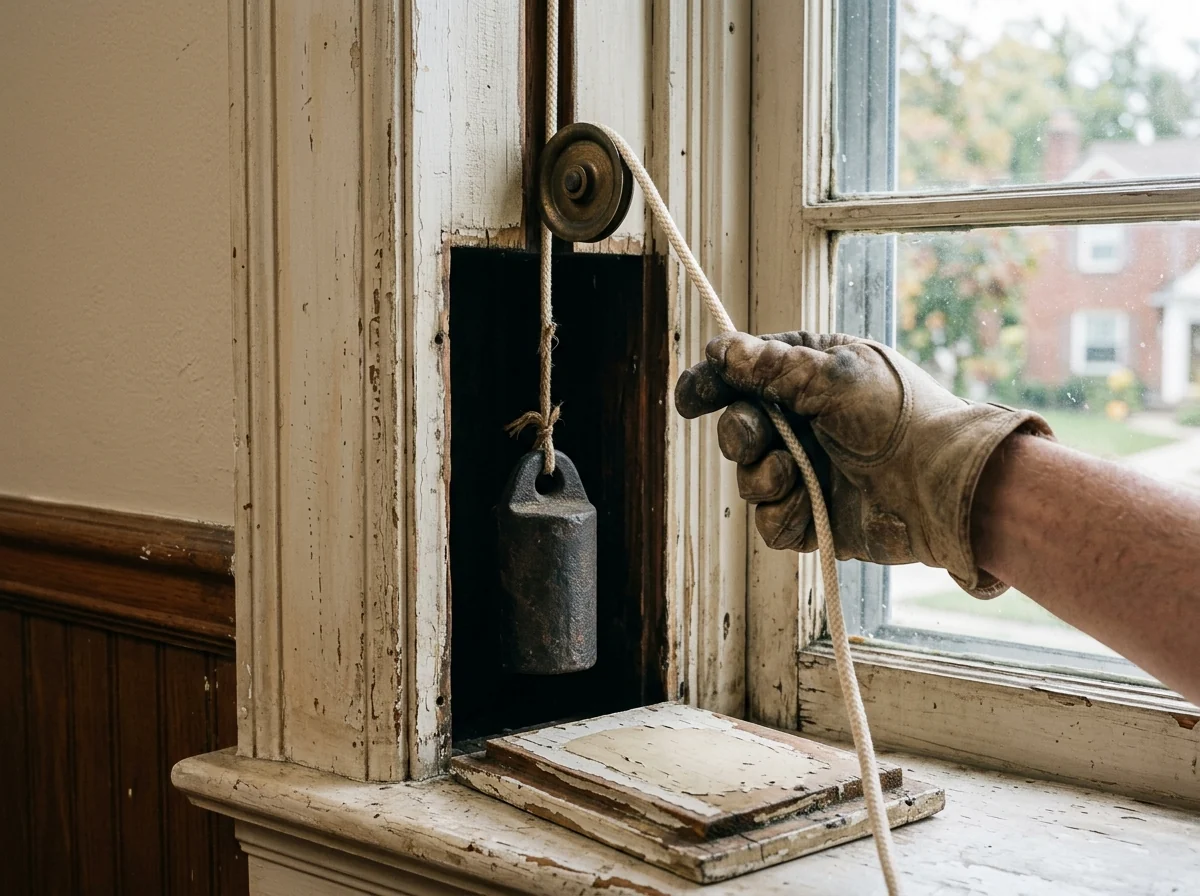 Wood window jamb with the weight pocket cover removed, showing an old cast iron sash weight and a new cotton sash cord ready to tie on