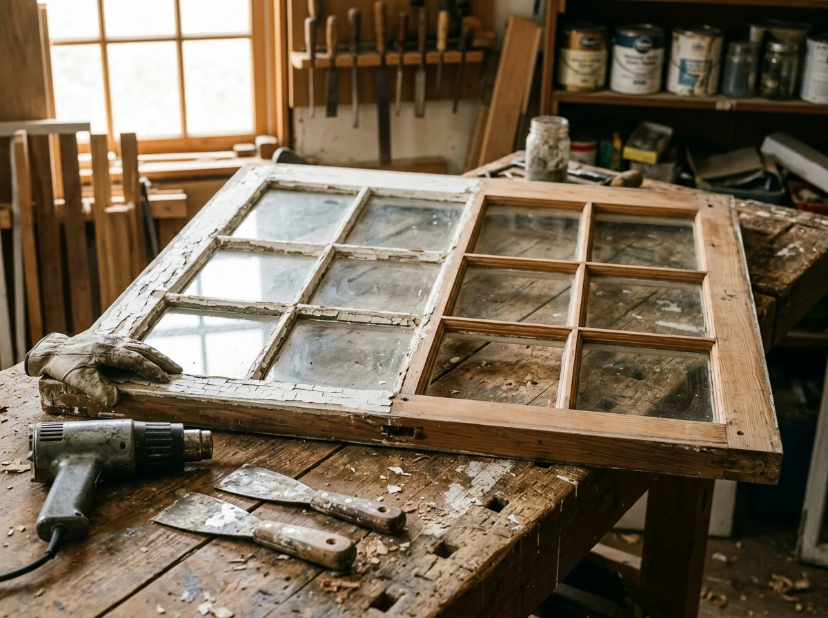 Old wood double-hung sash laid flat on a shop bench, half stripped to bare wood, with putty knives and a heat gun nearby