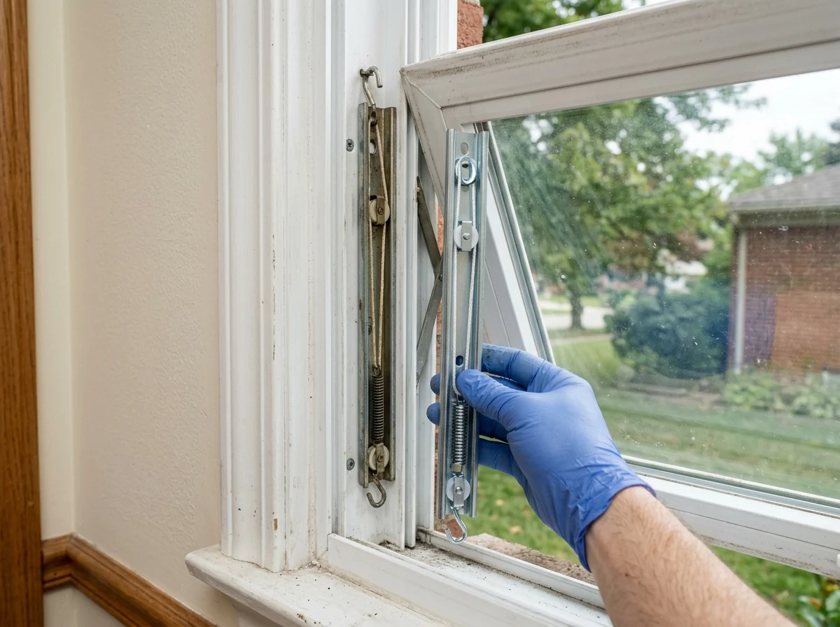 Window jamb liner partly opened to show a metal channel balance with cord and pulleys, a new replacement balance held beside it