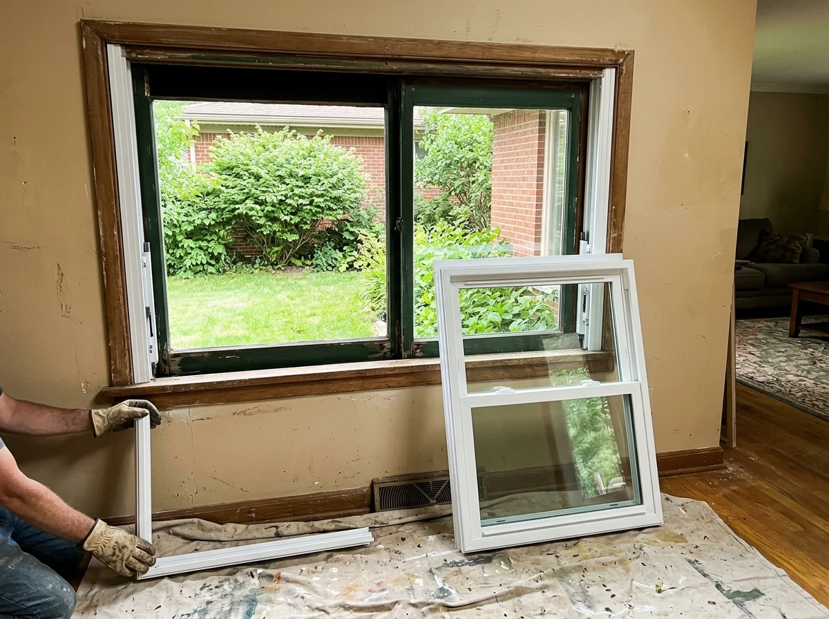 Old wood double-hung window frame with the sashes removed, new white vinyl jamb liners fitted into the side jambs and two new sashes leaning on the wall below