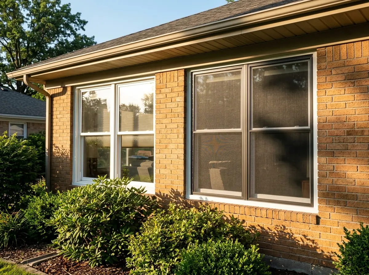 Dark exterior solar screen mounted over a west-facing window on a brick house, with afternoon sun on the wall