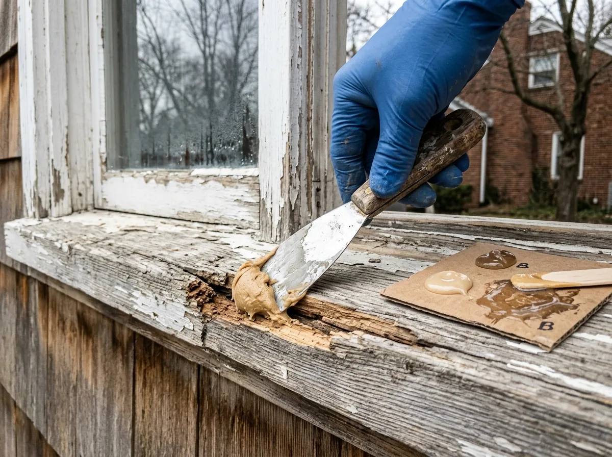 Gloved hand smoothing two-part epoxy filler into the weathered front edge of a wood window sill