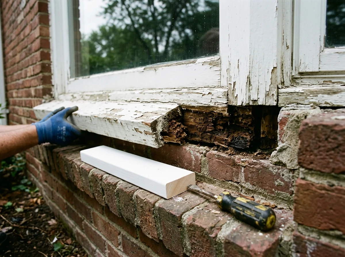 Exterior wood window sill cut away at one end to show dark, crumbling rot, with a new primed sill piece and a screwdriver resting on the brick ledge below