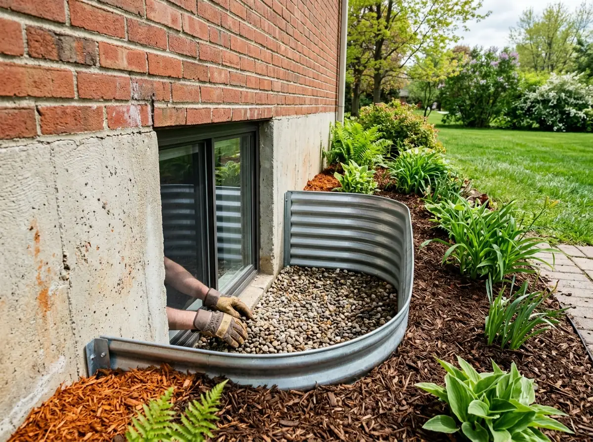 Corrugated galvanized steel window well curving around a basement window beside a brick foundation, with gravel at the bottom