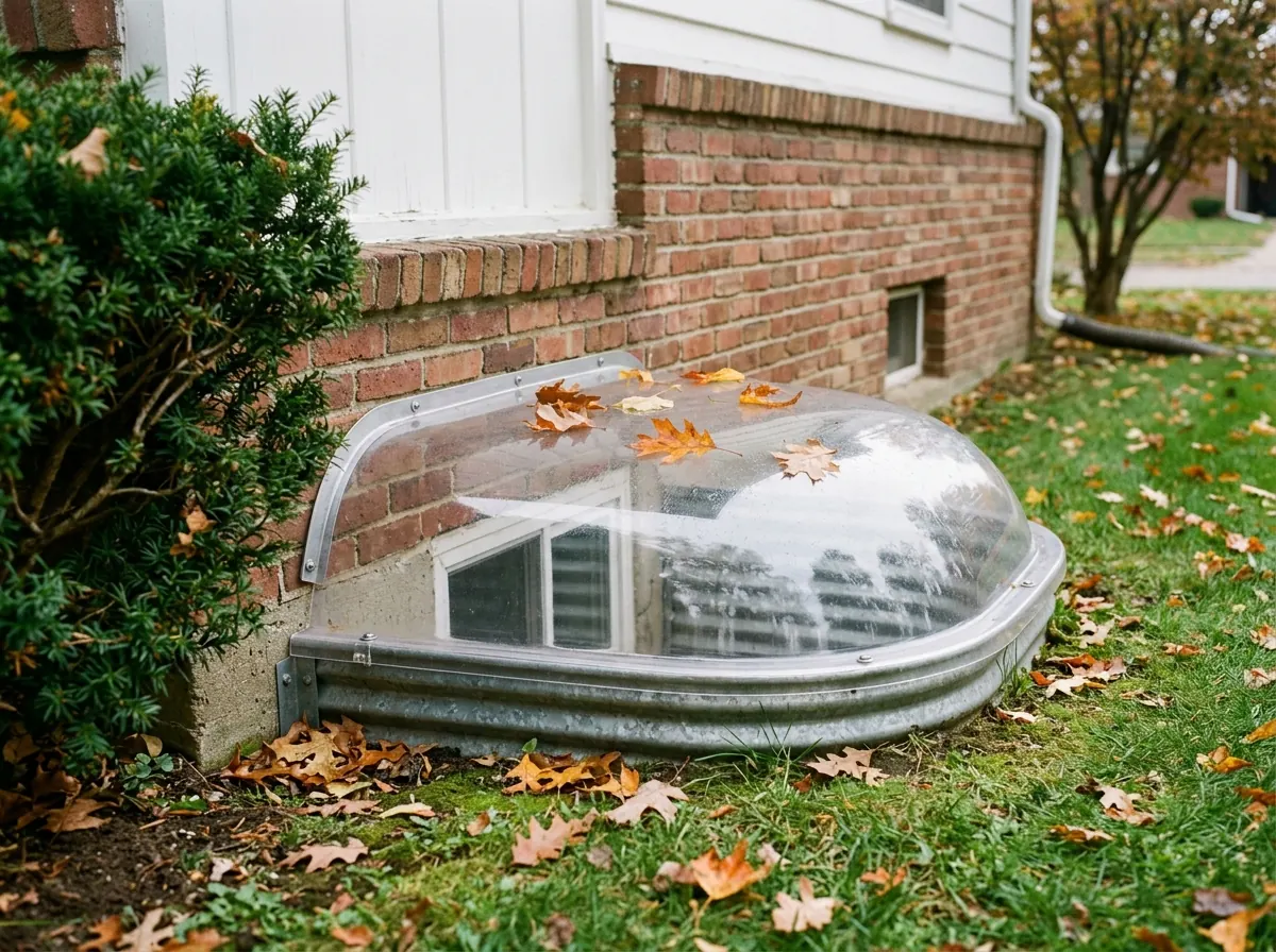 Clear domed polycarbonate cover fitted over a basement window well next to a lawn