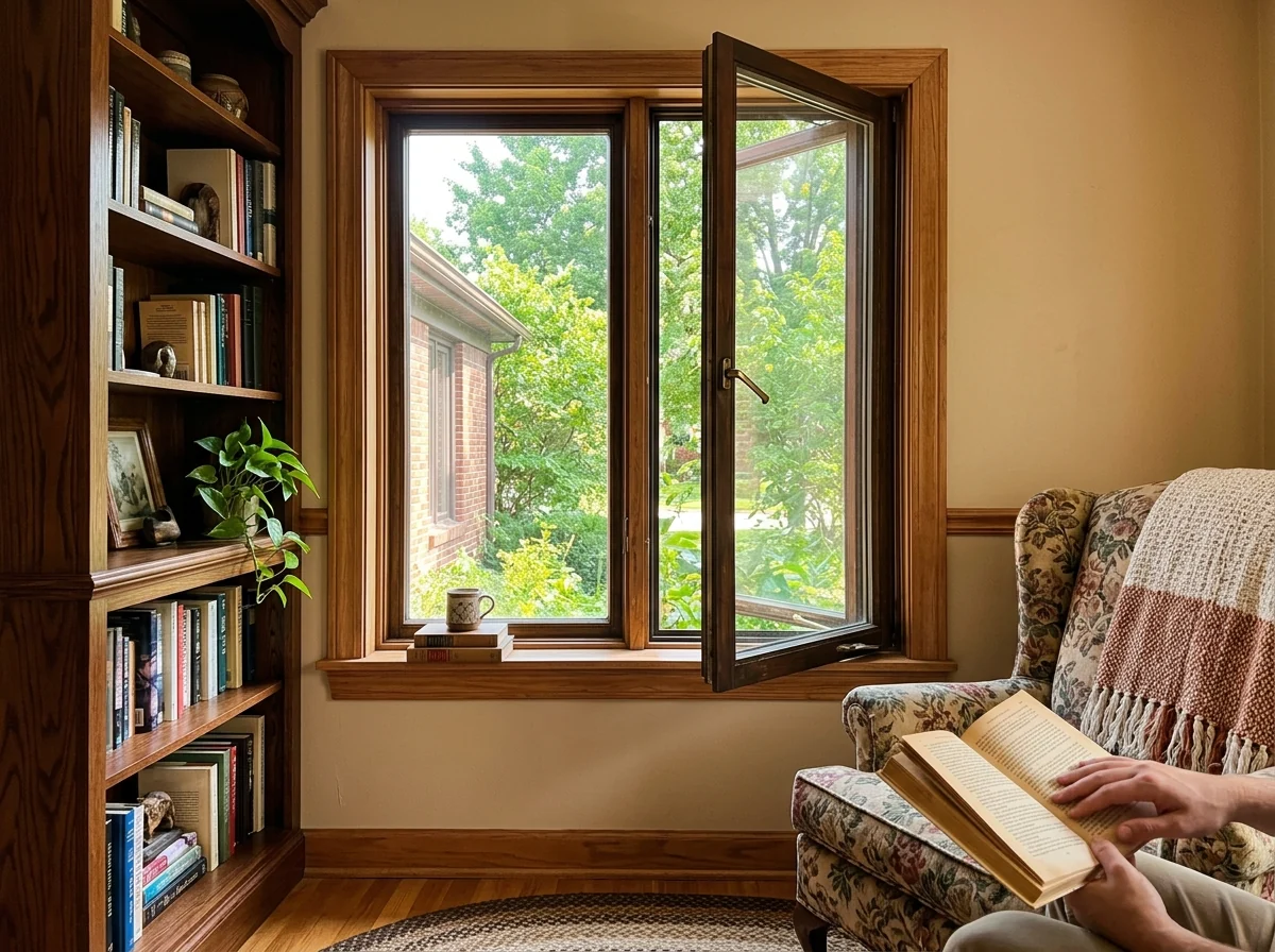Interior view of a clad wood casement window with a natural stained wood frame and sash beside a bookcase